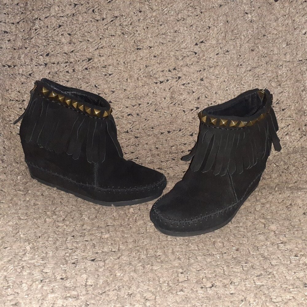ASH-Black Suede Fringe Hidden Wedge Studded Moccasin Booties-Sz 37-Excellent